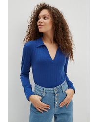 Dorothy Perkins - Petite Cobalt Ribbed Long Sleeve Collared Top - Lyst