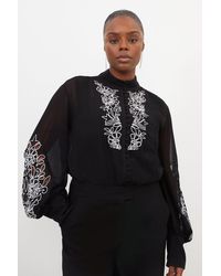 Karen Millen - Plus Size Embroidery Bib Detail Woven Blouse - Lyst