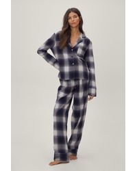 Nasty Gal - Brushed Check Button Down Shirt And Pajama Set - Lyst