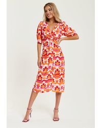 Liquorish - Floral Knot Front Midi Dress In Orange And Pink - Lyst