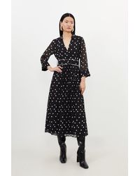 Karen Millen - Pleated Contrast Georgette Spot Woven Midi Dress - Lyst