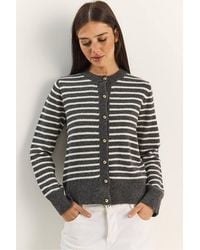 Bianco Lucci - Striped Ribbed Knit Cardigan With Button Closure - Lyst