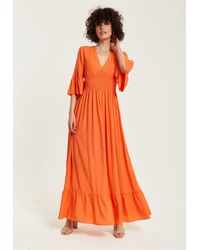 Liquorish - Orange Maxi Dress With Frill Sleeves - Lyst