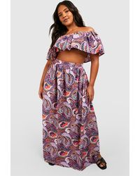 Boohoo - Plus Paisley Ruffle Off The Shoulder Top And Maxi Skirt - Lyst