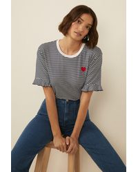 Oasis - Embroidered Heart Stripe Frill Sleeve T Shirt - Lyst