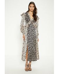 Oasis - Patched Animal Satin Ruffle Shoulder Midi Dress - Lyst