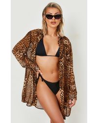 Boohoo - Leopard Oversized Chiffon Beach Shirt - Lyst