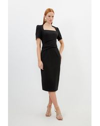 Karen Millen - Tailored Structured Crepe Drape Square Neck Midi Dress - Lyst