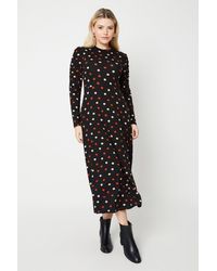 Dorothy Perkins - Spot Ruched Sleeve High Neck Fit And Flare Midi Dress - Lyst