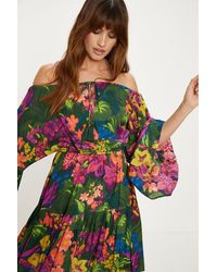 Oasis - Tropical Print Crinkle Shirred Bardot Dress - Lyst