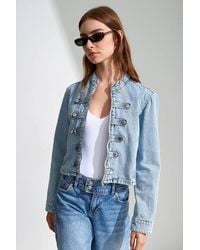 Dilvin - Crop Denim Jacket With Mandarin Collar - Lyst