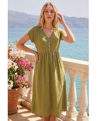 Roman - Linen Look Button Midi Dress - Lyst