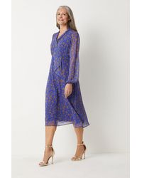 Wallis - Navy And Gold Floral Tie Neck Midi Dress - Lyst