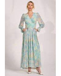 Jolie Moi - Long Sleeve V Neck Mesh Maxi Dress - Lyst