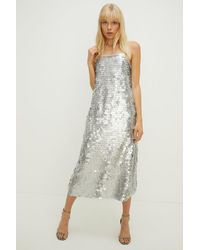 Oasis - Silver Disc Sequin Strappy Midi Dress - Lyst