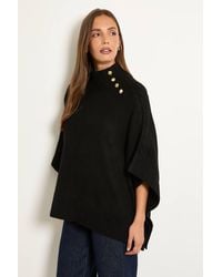 Wallis - Button Detail Chunky Knit High Neck Poncho Jumper - Lyst