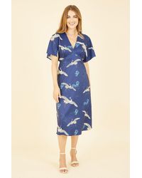 Yumi' - Navy Crane Print Kimono Midi Dress - Lyst
