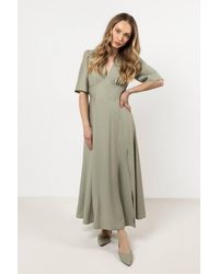 Love Lace - V-Neck Short Sleeve Midi Dress With Belt - Lyst