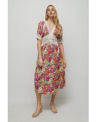 Warehouse - Satin Lace Tea Midi Dress In Floral - Lyst