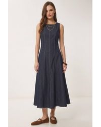 Happiness İstanbul - A-Line Midi Denim Dress With Crew Neck - Lyst