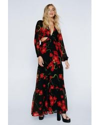 Nasty Gal - Floral Print Cut Out Chiffon Maxi Dress - Lyst