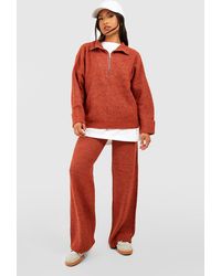 Boohoo - Petite Half Zip Funnel Neck And Wide Leg Trouser Knitted Set - Lyst