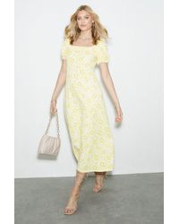 Dorothy Perkins - Yellow Floral Textured Square Neck Midi Dress - Lyst