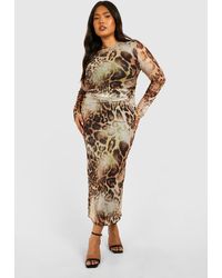 Boohoo - Plus Cut Out Long Sleeve Ruched Leopard Mesh Midaxi Dress - Lyst