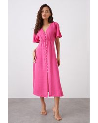 Dorothy Perkins - Petite Pink Button Front Shirred Waist Midi Dress - Lyst