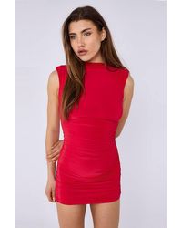 Stylewise - Slinky Padded Shoulder Ruched High Neck Bodycon Mini Dress - Lyst