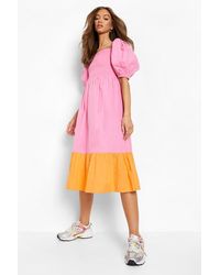 Boohoo - Cotton Colour Block Shirred Midi Dress - Lyst
