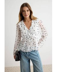 WOVCOR - V Neck Long Sleeve Frill Detail Lined Chiffon Blouse - Lyst