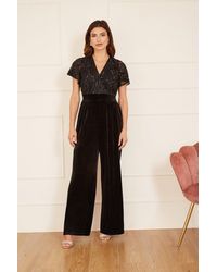 Yumi' - Black Sequin Embellished Velvet Jumpsuit With Angel Sleeves - Lyst