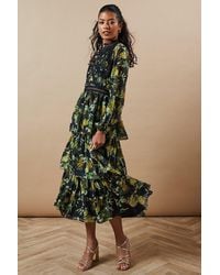 Oasis - Petite Occasion Floral Lace Trim Dobby Chiffon Tiered Midaxi Dress - Lyst