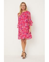 Wallis - Petite Pink Watercolour Floral Ruffle Sleeve Shift Dress - Lyst