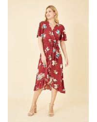 Mela - Red Floral Dip Hem Wrap Midi Dress - Lyst
