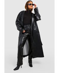Boohoo - Oversized Faux Leather Belted Trench Coat - Lyst