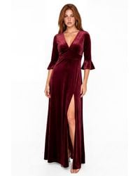 Maya Deluxe - V Neck 3/4 Flute Sleeve Velvet Maxi Dress - Lyst