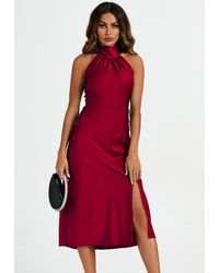 FS Collection - Satin Halter Neck Tie Back Midi Dress In Red - Lyst