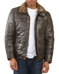 TruClothing - Quilted Faux Fur Collar Leather Jacket - Lyst