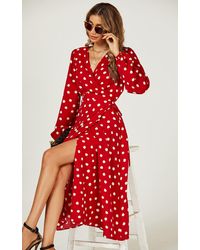 FS Collection - Long Sleeve Midi Wrap Dress In Red Dot Print - Lyst