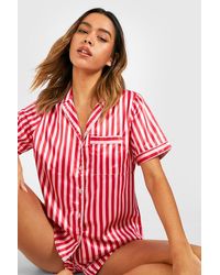 Boohoo - Candy Stripe Satin Pajama Shirt & Short Set - Lyst