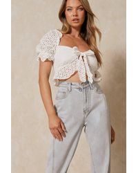 MissPap - Broderie Anglaise Tie Front Puff Shoulder Top - Lyst