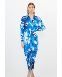 Karen Millen - Pressed Floral Print Jersey Crepe Maxi Shirt Dress - Lyst