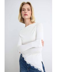 WOVCOR - Fitted Boat Neck Long Sleeve Lace Detail Ribbed Blouse - Lyst