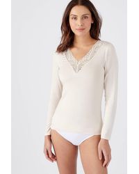 DAMART - Toasty Thermal Long Sleeve Top With A Lace Trim V-Neck - Lyst