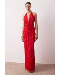 WOVCOR - Tulle Ruffled Lined Halter Neck Maxi Evening Dress - Lyst