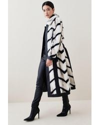 Karen Millen - Petite Panelled Stripe Faux Fur Pu Belt Coat - Lyst
