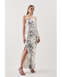 Karen Millen - Floral Strapless Premium Satin Panelled Woven Midaxi Dress - Lyst