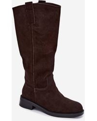 Love Lace - Round Toe Slip-On Suede Knee High Boots - Lyst